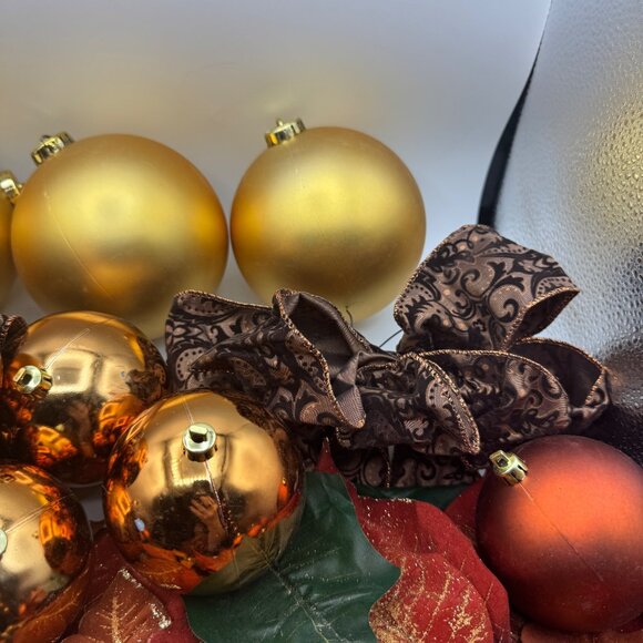 Gold & Copper Christmas Ornament Set With Poinsettias & Brown Patterned Ribbon - Picture 6 of 6